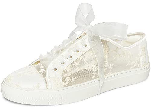 JIAJIA 8835 Scarpe da Sposa Scarpe da Ginnastica Appartamenti Sposa Tennis Scarpe Pizzo Scarpe da Ginnastica Colore Avorio, Taglia 36 EU