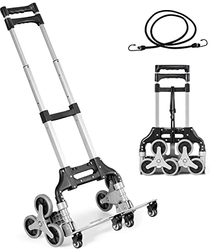 TANGZON Folding Sack Truck on 10 Wheels, Aluminium Climbing Stair Trolley with Telescoping 106cm Handle & Bungee Cord, Portable Hand Truck Utility Cart for Goods, Shopping and Travel, 80kg Capacity