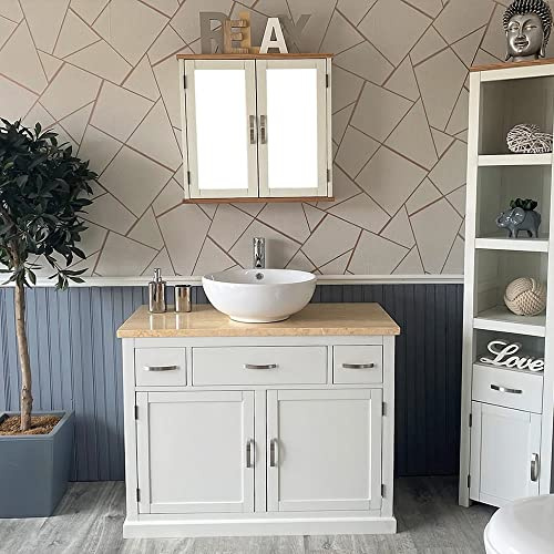 Wooden Bathroom Vanity with Sink and Drawers - White Painted Double Door Bathroom Cabinet Wash Basin - Single Vanity Unit with Chromed Mixer Tap - Curve Sided Bowl with Cream Marble Top (1161PCMCBC)