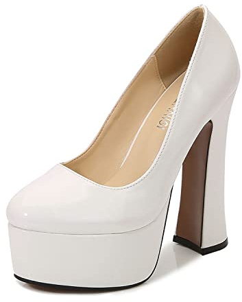 WOkismD Femmes Brevet Haut Talon Plate-Forme Chunky Bloc Talon Pompes Bout Rond Chaussures de soirée à Enfiler pour Sexy Stripper Club Pole Dance Grande Taille 35-46,Blanc,45