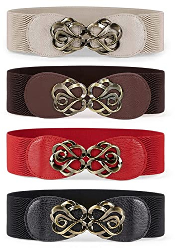 JasGood 4 cinturones anchos para mujer, cinturón elástico de moda, cinturón de cuero elástico para mujer, F-negro+café+rojo+beige, für Taillenumfang 60cm-70cm (24-27)