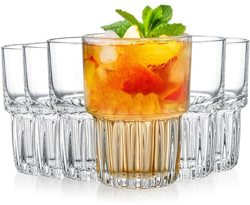 DEAYOU 6 Pack Drinking Glasses Set, 320 ml Clear Striped Iced Tea Water Glass Cup, Stackable Rocks Glasses, Thick Tempered Glass Tumbler with Heavy Base for Juice, Milk, Cocktail, Spirits, Daily Use