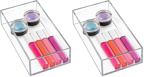 iDesign Makeup Organiser Tray, Small Plastic Drawer Organiser for Cosmetics, Makeup and Accessories, Practical Storage Box for Dressing Table, Drawers or Bathroom, Clear (Pack of 2)