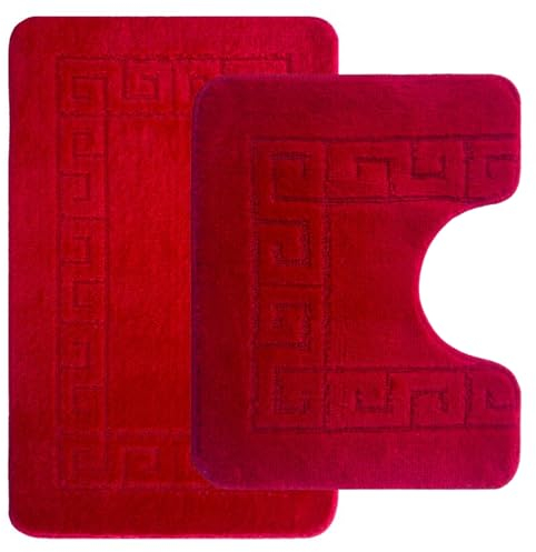 Ambience Products Badematten mit griechischem Schlüsselmuster, rutschfest, weich, waschbar, schnell trocknend, wasserabsorbierend, Dusch- und WC-Matratze, 2-teiliges Set, Rot