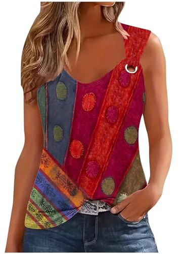 Tank Top Women Casual V Neck Camis Tops Retro Print Wide Straps Sleeveless Tee Shirts Blouses Ladies Casual Loose Summer Vests Tops Women's Printed Camisole Summer Tops UK