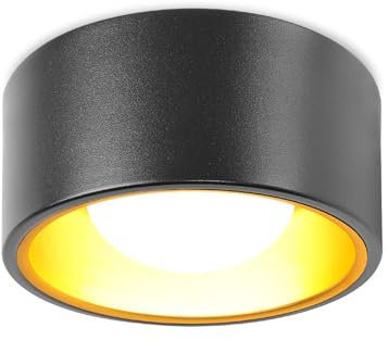 YindaLux LED Aufbauspot Flach mit großer Leuchtfläche: 230 V Ø 130×60 mm, Deckenspot Schwarz Aufputz, 7 W GX53 Warmweiß 3000K 800 LM Aufbaustrahler, runde Aufbauleuchte, Aluminium-Deckenstrahler