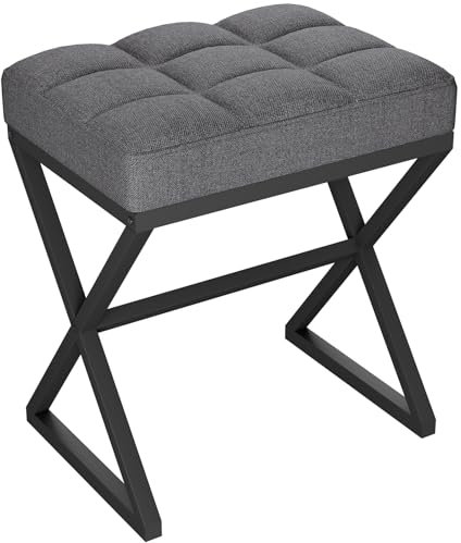YMYNY Schminkhocker, Fußhocker, Leinen Sitzhocker, Make-up Dressing Hocker mit X-förmigen Metallbeinen, für Eitelkeit, Wohnzimmer, Schlafzimmer, Eingang, Flure 40×30×46CM Dunkelgrau HBD033G