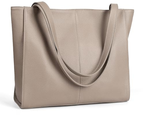 befen Echtleder Handtasche Damen Groß Shopper Tasche mit 14 Zoll Laptopfach, Mode Leder Tote Bag Schule Arbeit Freizeit Henkeltasche mit Reißverschluss, Grau
