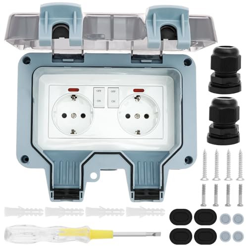Außensteckdose Steckdose IP66 Wasserdicht Steckdose mit Schalter Kontrollleuchte, Wandsteckdose Feuchtraum Aufputz Schutzkontakt Gartensteckdose Staubdicht Wetterfest Outdoor mit Klappdeckel(Grau)