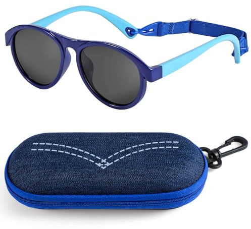 Gafas de Sol Niño Polarizadas con Correa, Montura Flexible Protección UV400 Gafas de Sol Infantiles con Funda Portátil para Niños y Niñas de 3 a 8 Años Picnic Playa Accesorios de Viaje para Verano