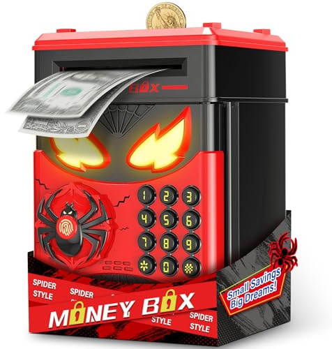 Ltteaoy Hucha Infantil,Caja Fuerte Electrónica para Niños,Hucha con Contraseña y Botón de Huella Digital,Contador de Monedas,Diseño Spider Interactivo,Regalo Cumpleaños Navidad 3-12 Años
