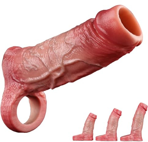 Realistic Penis Sleeve Sex Toys Reusable Cock Sheath Penis Pump with Testicular Ring & Vein Texture Cock Ring Extender Realistic Silicone Cock Sleeve for Male Erection Extension Enlargement (S)