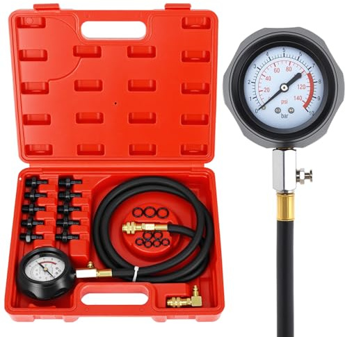 QWORK® Manomètre d'huile, testeur de pression d'huile pour cylindre moteur 140 PSI / 10 bar avec 10 adaptateurs, idéal pour voitures, motos et tracteurs