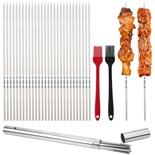 Mulaibdin 30 brochetas de acero inoxidable para barbacoa de gas, brochetas de metal con tubo de almacenamiento portátil y cepillo, brochetas planas para hogueras, horno, fiestas, exteriores