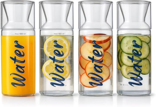 Hombella 1 Litre Glass Water Bottle with Cup Lid – Premium Borosilicate Bedside Bottle | Water Jug Hydration Tracker, Motivational Markings, No Plastic Taste or Odour Bedroom (Blue)