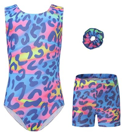 Gymnastics Leotards for Girls Dance Outfits with Shorts Set Kids 3-12 Years | Three Piece set ,Sleeveless, Sparking Shiny Gradient Color
