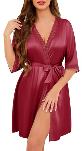 Wikoan Accappatoio da Donna in Raso Accappatoio con Maniche corte Morbida Vestaglia Estiva in Seta Elegante Kimono da Bagno con Bordi in Pizzo
