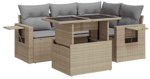 ZIRLANLV Juego de Sofás de Jardín de 5 Piezas, Juego de Muebles de Jardín con Cojines, Modular, Grupo de Asientos para Terraza, Tablero Ajustable, Ratán Sintético (Beige y Gris #08)