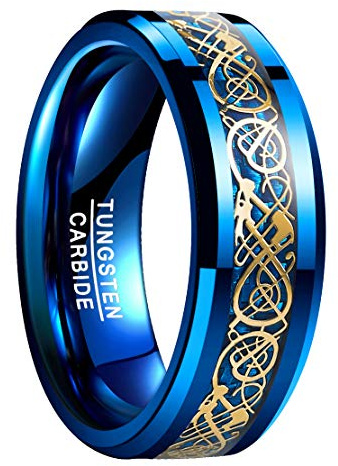 NUNCAD 8mm Anello Uomo/Donna Drago Celtico Oro con Fibra di Carbonio Blu, Anello in Tungsteno per Matrimonio FidanzamentoTaglia 15.75
