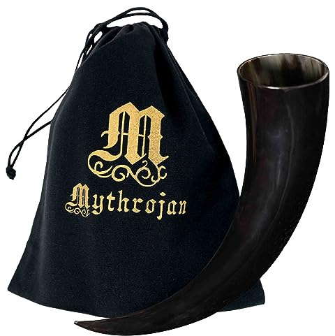 Mythrojan Cuerno vikingo nórdico medieval con bolsa de lona, cuerno natural 100% auténtico para beber cerveza, vino, whisky, hidromiel, cosplay, SCA, LARP, 250 ml