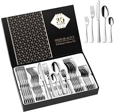 Aoeeppa Set di Posate, 30 Pezzi per 6 Persone, Posate Acciaio Inox, Lucidate a Specchio, Ideali per La Casa, Il Ristorante, Festa e Come Regalo, Lavabili in Lavastoviglie e Antiruggine (Argento)