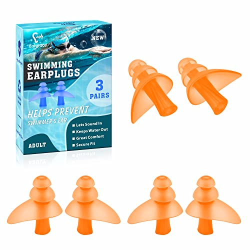 Eargrace Schwimm-Ohrstöpsel, 3 Paar, wasserdicht, wiederverwendbar, Silikon, zum Schwimmen, Duschen, Baden, Surfen und für andere Wassersportarten (Orange)