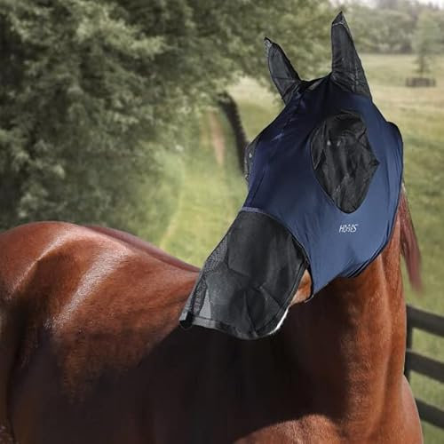 Horses, Fliegenmaske aus Lycra mit Ohren und Nasenschutz, Leichte und atmungsaktive Fliegenmaske, behindert Nicht das Sichtfeld des Pferdes, Augen- und Gehörschutz (Cob, Blau)