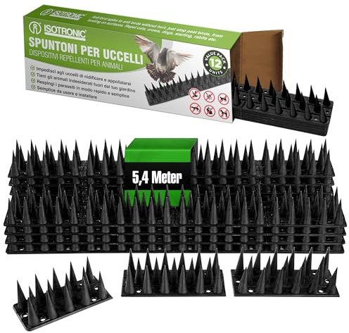 ISOTRONIC - Punte repellenti per Uccelli, Gatti e martore - per recinzioni, davanzali, tetti, Alberi e Giardini (5,4 m | 12 Pezzi | Nero)