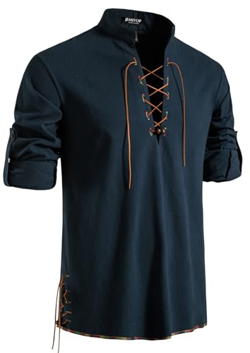 JEMITOP Men's Vintage Renaissance Costume Long Sleeve Lace Up Shirts for Pirate Viking Medieval Vampire Halloween Cosplay Clothing Navy Blue-D M