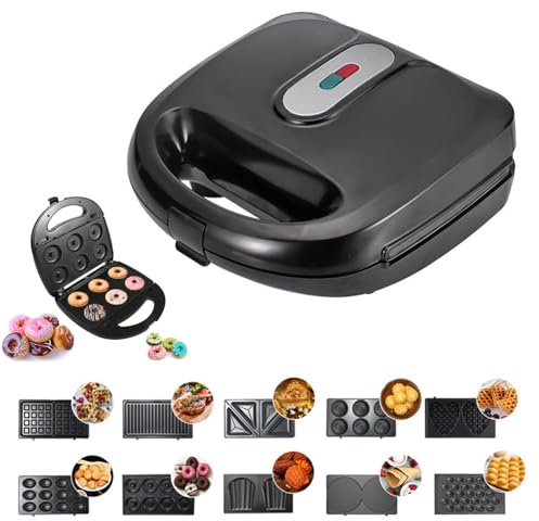 10 in 1 Waffle Maker with Removable Plates, 750W Electric Breakfast Sandwich Maker with Non Stick Coating, Compact Dual Panini Press Grill Machine for Donuts, Madeleine, Burgers, Snacks and Desserts