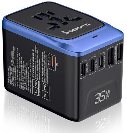 SAUNORCH Universal Travel Adapter, PD 35W 7 in 1 International Power Plug Adapter with 7.0A 4 USB-C and 2 USB-A Fast Wall Charger, Worldwide AC Outlet for US Europe UK AUS-Black+Blue