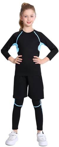 linboo Kinder Mädchen Sportanzug 3tlg Yoga Anzug mit Langen Ärmeln, Hosen, Sport Short, Kleidung Set, Atmungsaktiv und Elastisch, Outdoor eng anliegende Tanz- und Fitnessbekleidung, Blau, 158