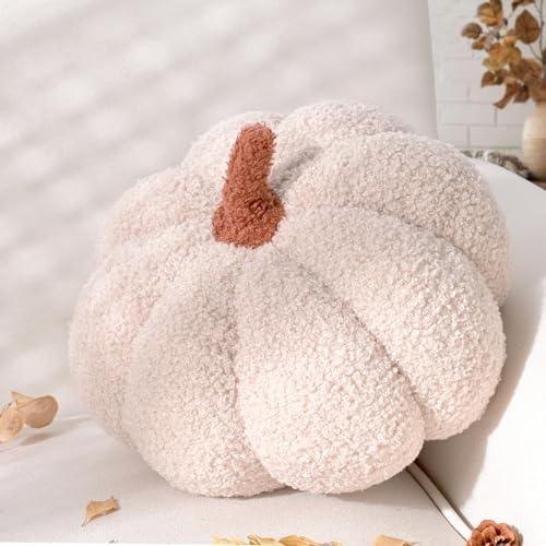 Yhoelata Halloween Kürbis Kissen Groß, Kissen Kürbisform Cremeweiß Dekokissen, Herbst Zierkissen Aesthetic Sofakissen Teddysamt Kissens, Bett Deko Kissens Runden für Kind Schlafzimmer, Geschenk 30 cm