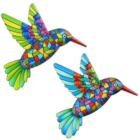 2 Pcs Metal Hummingbird Garden Ornaments Outdoor,Wrought Iron Colorful Hummingbird Wall Decor for Outside Garden Patio Fence Home Bedroom Hanging Decoration
