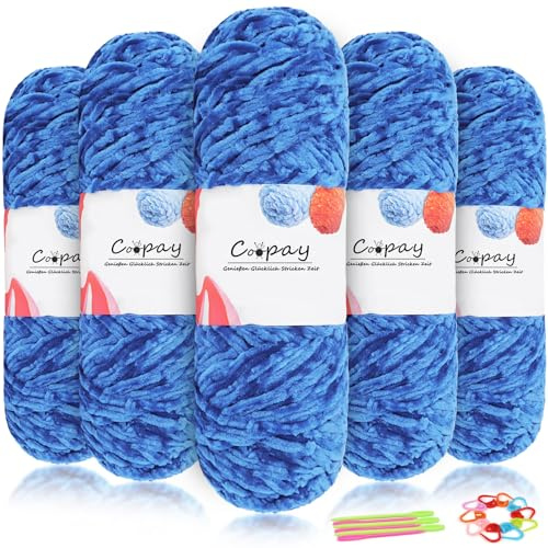 Coopay Lana di ciniglia in velluto per uncinetto, 500 g (5 x 100 g) di velluto di ciniglia, spessa per lavorare a maglia, morbida lana di ciniglia con accessori all'uncinetto, per sciarpe, coperte