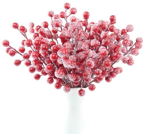 Feizeisun 30 Pcs Frosted Red Berries 8.9 Inch Artificial Snowy Red Berry Stems Christmas Berries Holly Berries Picks for Christmas Tree Decorations DIY Crafts Wreath Making Supplies