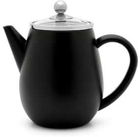 Bredemeijer Tetera de doble pared 0,5 litros – pequeña tetera aislante de acero inoxidable negro con tapa de cristal y filtro de té – Ideal para tipos de té sueltos