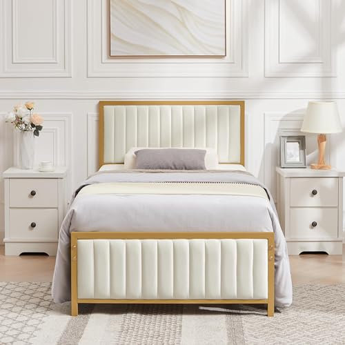 VECELO Cadre de lit 90 x 200 cm, lit Simple en métal, avec tête et Pied de lit rembourrés, Cadre de lit avec sommier à Lattes, Hauteur de 32 cm sous Le lit, Pas de sommier tapissier nécessaire, Beige