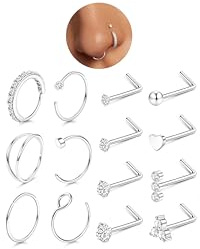 CASSIECA 14 Pezzi Piercing Naso Brillante Acciaio Chirurgico 20G L Naso Piercing CZ Piercing Anello Septum Piercing Argento Nostril Borchi
