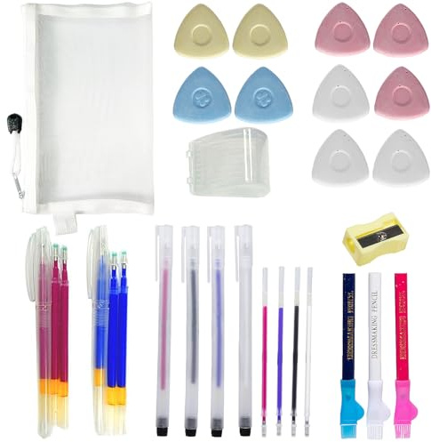 CREAWONDER 6 Heat Erasable Pens for Fabric Markers, Fabric Marking Pens with 10 Refills, 3 Sewing Marking Pen with Brush, 10 Tailors Sewing Chalk, 1 Mini Pencil Sharpener