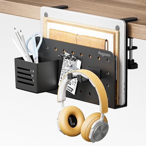 PEGZONE Organizador de escritorio con pinza y soporte portátil, Negro | Organizador metálico con panel perforado para auriculares y accesorios, ahorra espacio, instalación sin taladros