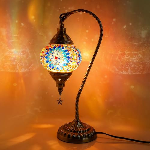 Ruhaieba Turkish Moroccan Lamp with 3 Color Options - Handmade Tiffany Mosaic Glass Bedside Lamp with Bronze Base, Swan-Neck Nightstand Light for Bedroom (LED Bulb Included) (Blue A)