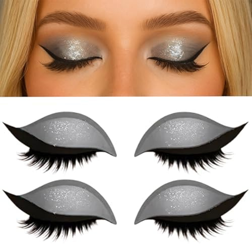 Kinretixia 2 paires de stickers d'ombres à paupières et de faux cils, patch paresseux ombre à paupières et cils, maquillage autocollant 2-en-1 réutilisable (argent)