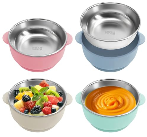 Set di 4 ciotole 2 in 1 anti-scottature, ciotole per bambini, in acciaio inox, con ventosa, fodera in silicone rimovibile per bambini e bambini