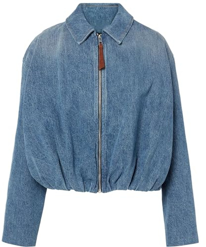 HUEOBIR Women's Denim Bomber Jacket Draped Zip Up Jean Jackets(Indigo Blue, M)
