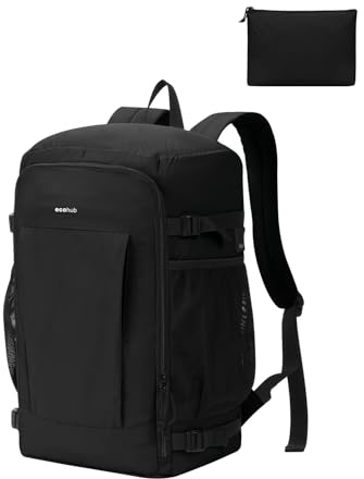 ECOHUB für 24L Ryanair Handgepäck 40x30x20, 2 in 1 - Faltbarer Rucksack mit Mini-Tasche Handgepäck Flugzeug, Leicht & Reißfest Rucksack 40x30x20, PET-Recycelte Travel Backpack für Herren(Schwarz)