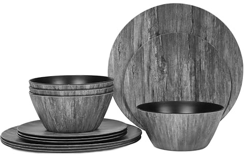 Melamine Dinnerware Set – Rustic 12 Piece Plates and Bowls, Heavy Duty Dishes for Indoor Outdoor Use, Break-Resistant, Dishwasher Safe，Black Wood Grain