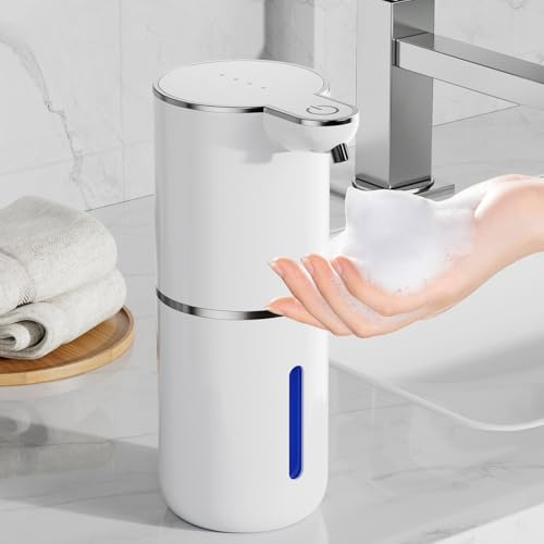 Fantictas Automatischer Seifenspender, elektrischer Schaumseifenspender, USB wiederaufladbar, 4 Stufen verstellbar, 380 ml Wandhalterung, geeignet für Badezimmer/Küche/Geschirrspülmittel, Weiß