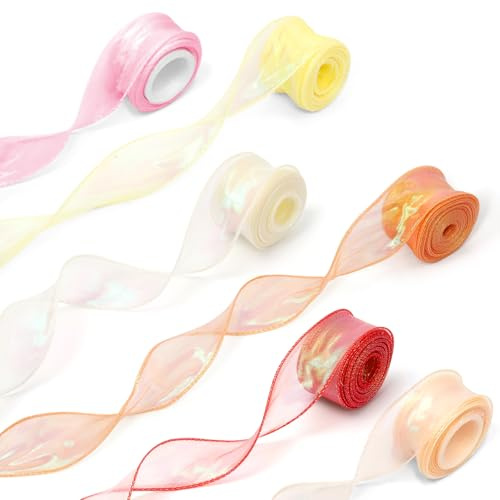 Gift Wrapping, Kaluofan 6 Rolls 1.57Inch Transparent Organza Ribbon Decor | Ribbons,Christmas Iridescent Ribbon, Dreamy Tulle Wide Ribbons for Crafts Wedding Christmas Invitations Bouquet Crafts Decor
