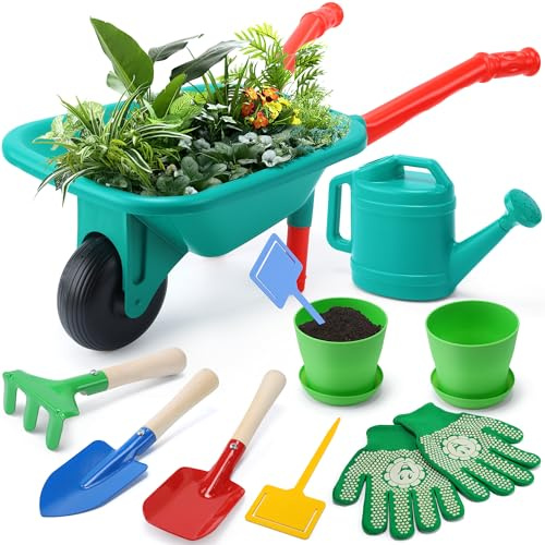 Cute Stone Ensemble de Jardinage pour Enfants avec brouette Jouet, Outils de Jardinage et kit de Jardinage pour Tout-Petits avec Gants, Pots et arrosoir, Jouets de Jardin pour garçons et Filles